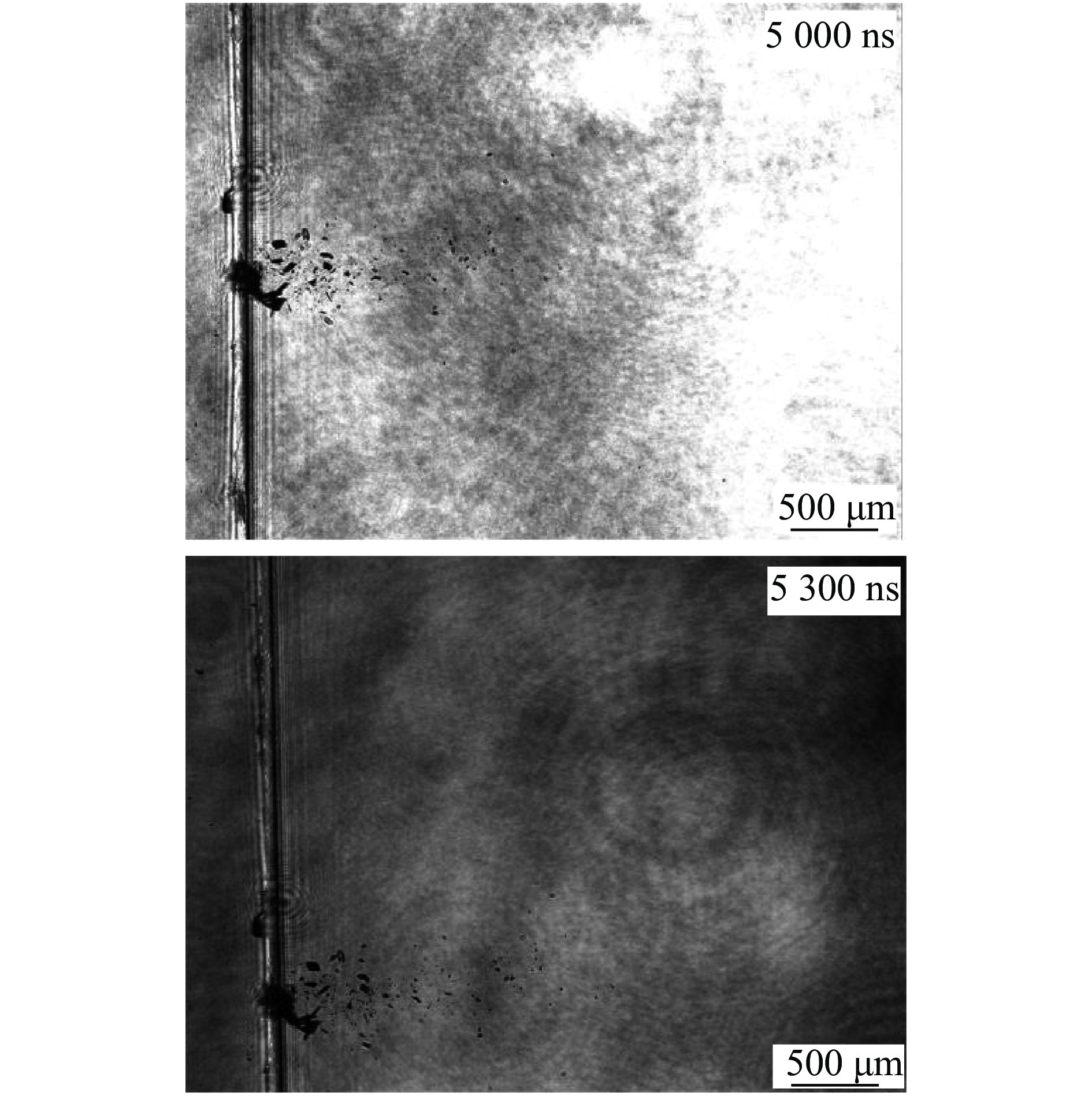 Typical experimental images obtained by the two-frame shadowgraphy system