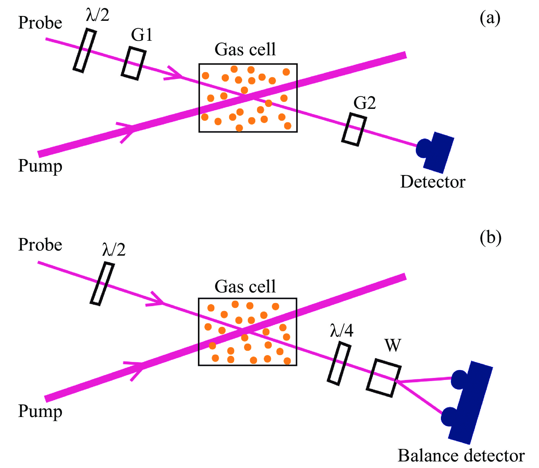 Experimental setup schematics of (a) weak field polarization detection technique and (b) balanced weak field polarization detection technique