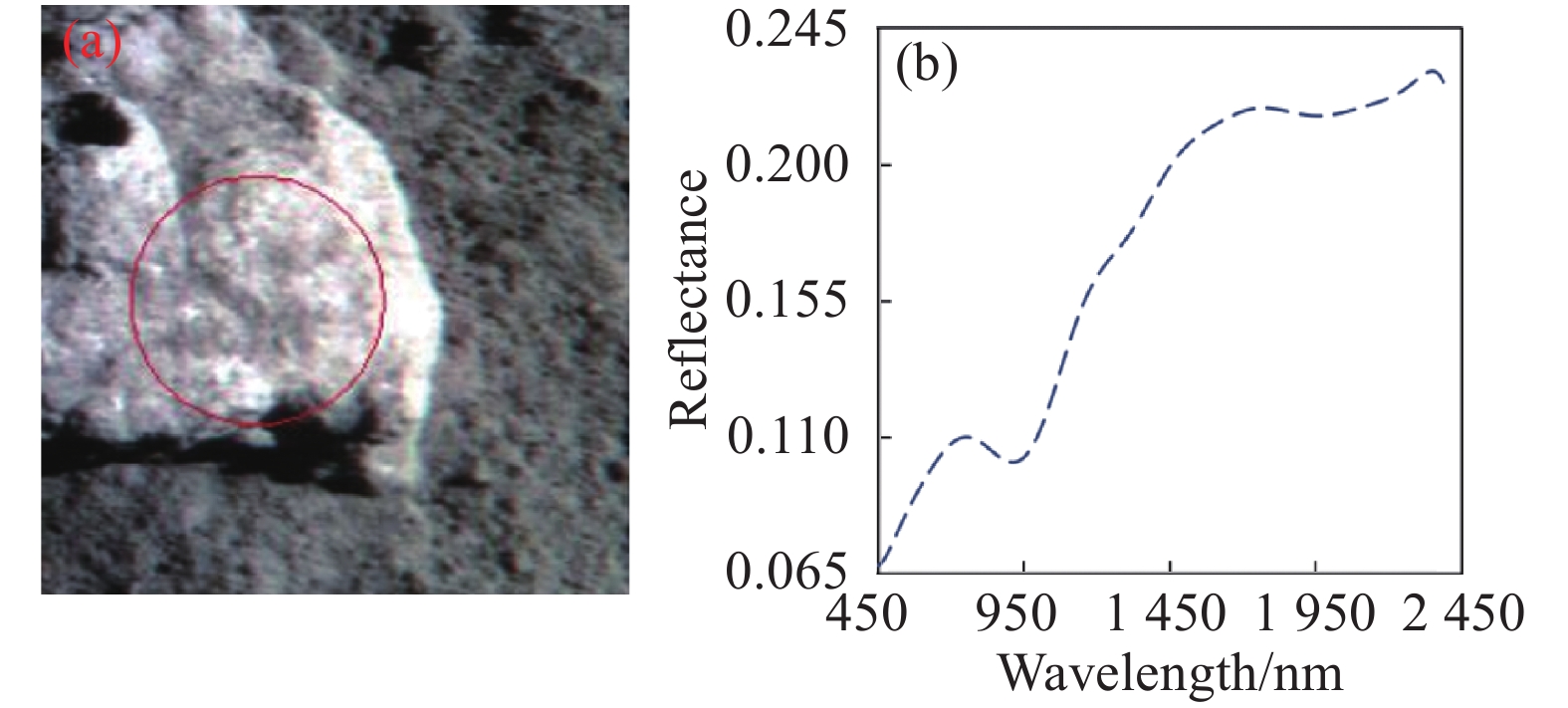 Image and spectra of site 15 of Chang'e-4. (a) Imaging data (450−945 nm), red circle is the scope of the SWIR data; (b) spectra inside the red circle scope