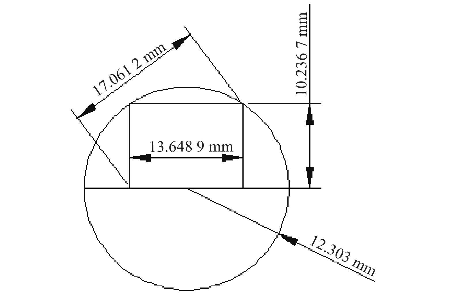 Circle radius diagram of field of view. Radius of the image plane is 12.303 mm, aspect ratio of the image plane is 4:3, length of the long side is 13.648 9 mm, and length of the wide side is 10.236 7 mm