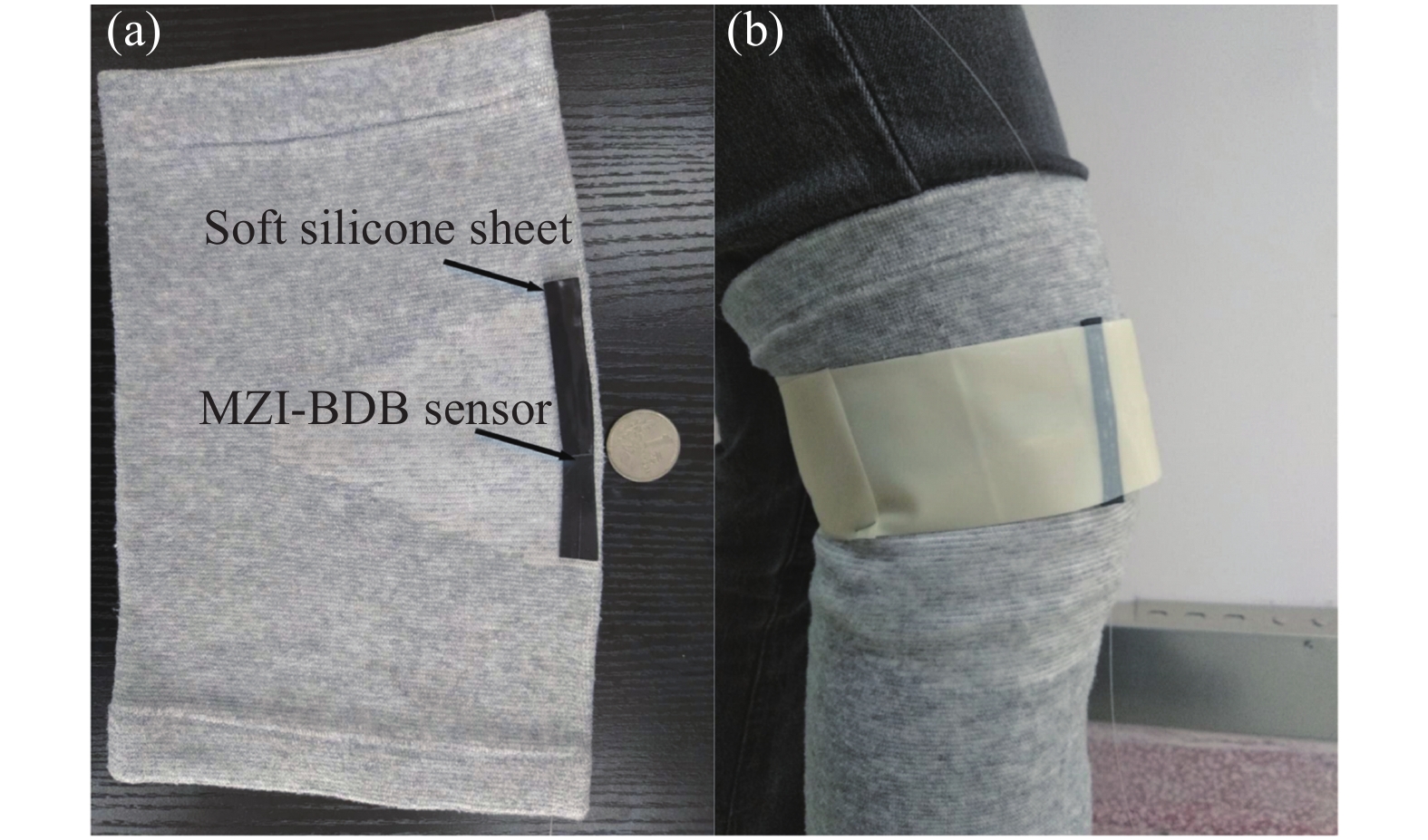 (a) Schematic diagram of sensor package; (b) Schematic diagram of sensor is encapsulated and fixed on the knee joint