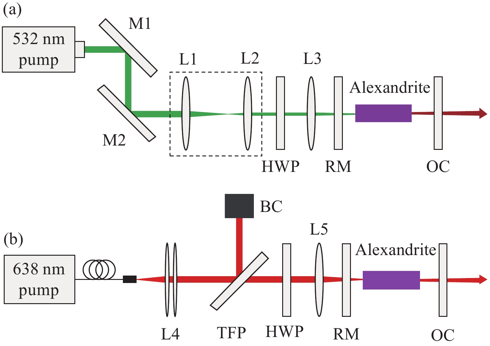 (a) Schematic of Alexandrite laser single-end-pumped by a 532 nm solid-state laser. (b) Schematic of Alexandrite laser single-end-pumped by a 638 nm LDs. M1-M2, high reflection mirrors; HWP, half-wave plate; RM, rear mirror; OC, output coupler; L1-L5, convex lenses; BC, beam collector; TFP, thin film polarizer