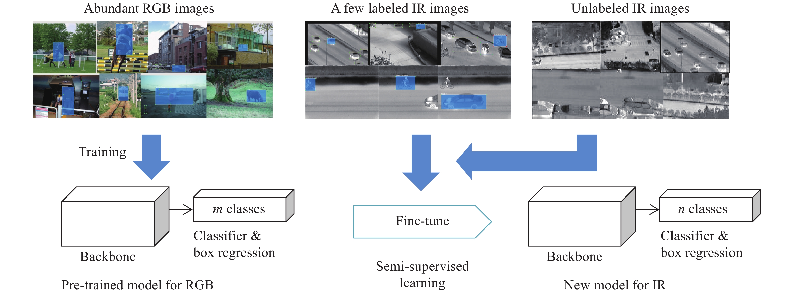 Procedures of semi-supervised transfer learning of infrared object detection neural network