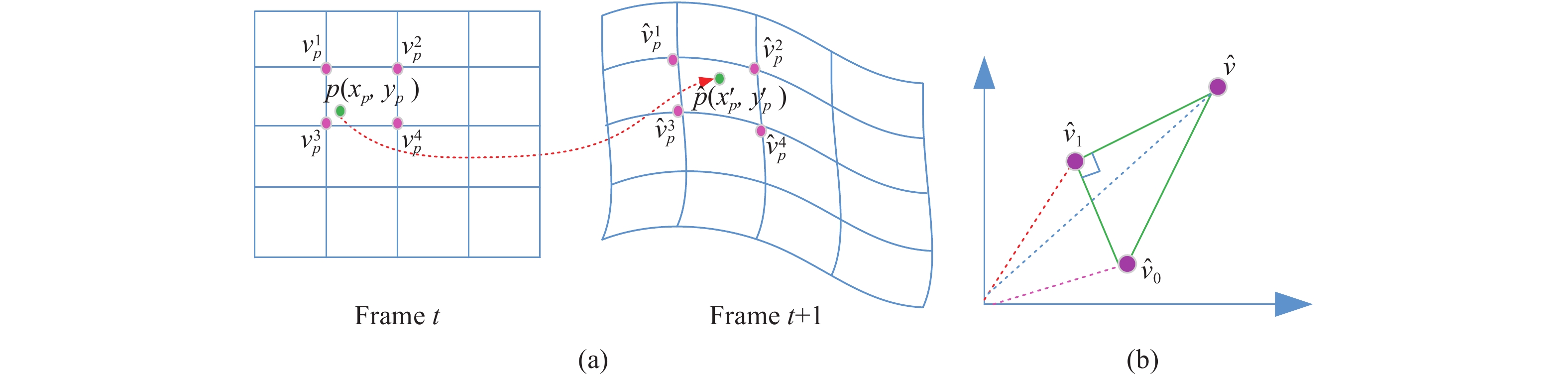 Motion model based on grid mapping. (a) Correspondence between two frames of image grids; (b) Shape retention constraints