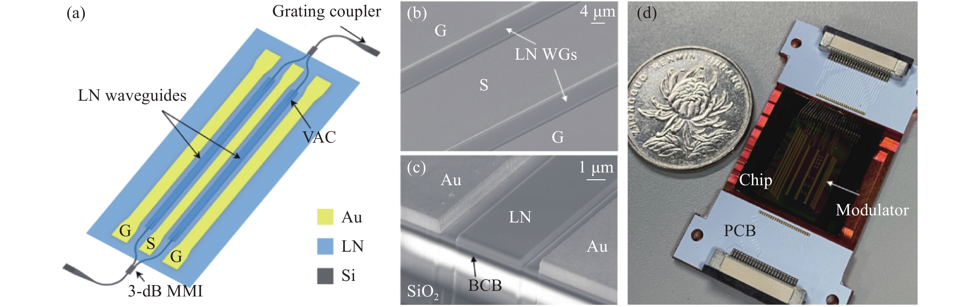 Hybrid silicon and lithium niobate electro-optical modulator. (a) Schematic of Mach-Zender intensity modulator; (b) SEM image of lithium niobate phase modulation region; (c) The cross section SEM image of the modulation region, the section is formed by the focused ion beam process; (d) Image of the whole chip