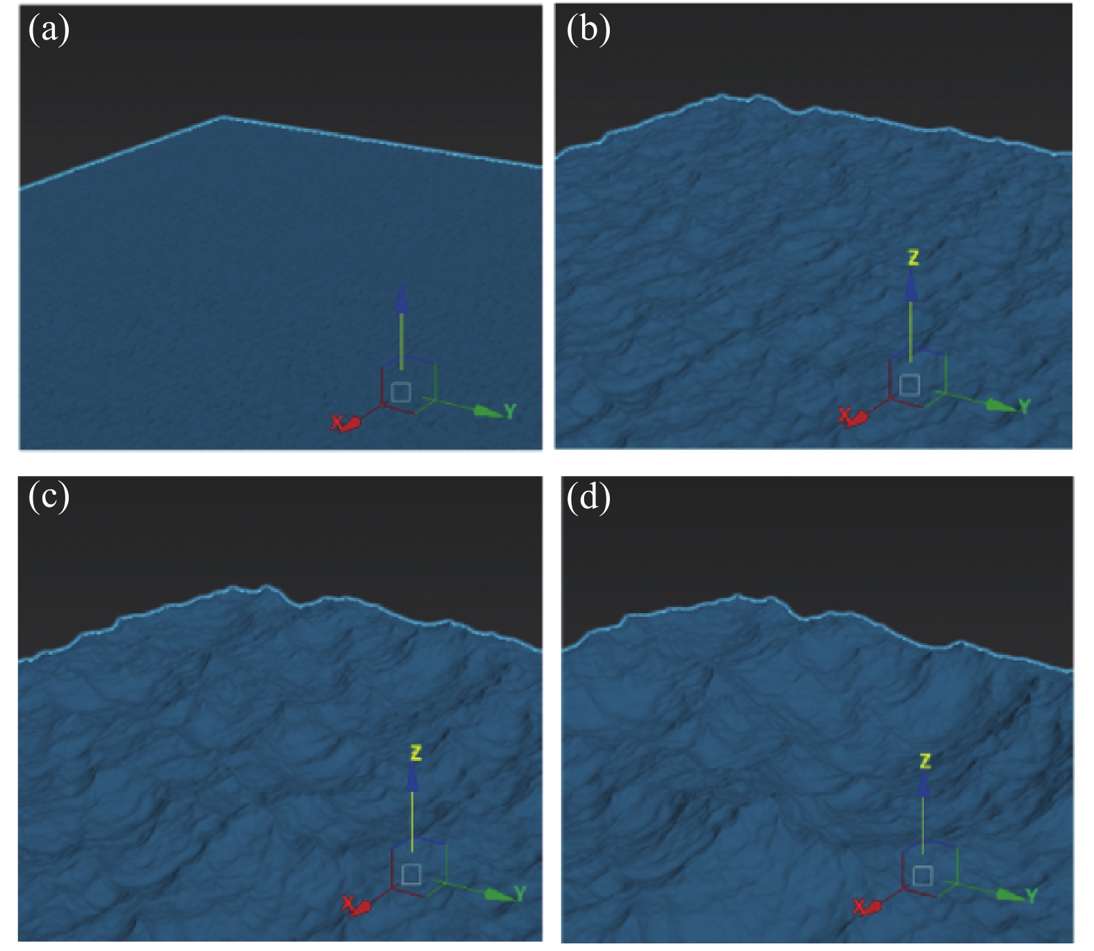 3D structure of the sea surface under different sea conditions. (a) Level 1 sea state; (b) Level 2 sea state; (c) Level 3 sea state; (d) Level 4 sea state
