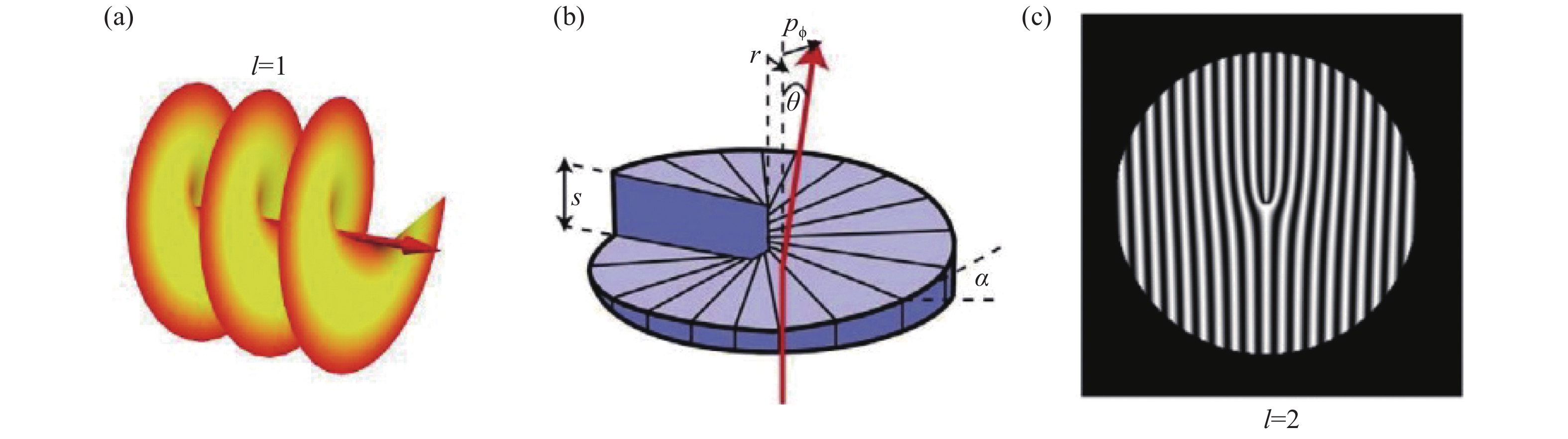 (a) Spiral phase of optical vortices; (b) A spiral phase plate; (c) A fork-shaped diffraction grating