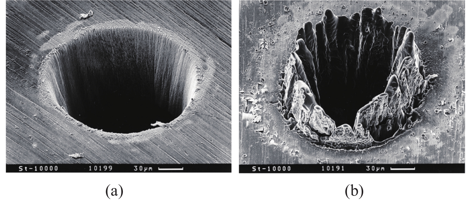 SEM images of holes drilled in a 100 μm thick steel foil with laser pulses of (a) 200 fs and (b) 3.3 ns, respectively[10]