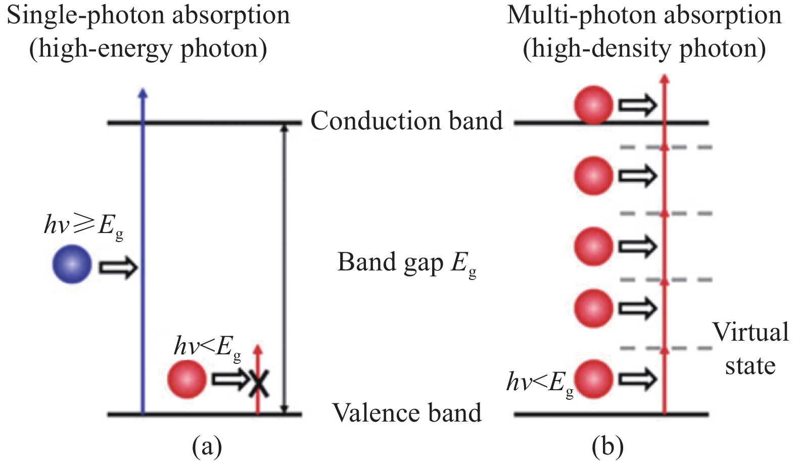 (a) Single photon absorption and (b) multiphoton absorption based on electron excitation processes in bandgap materials[13]