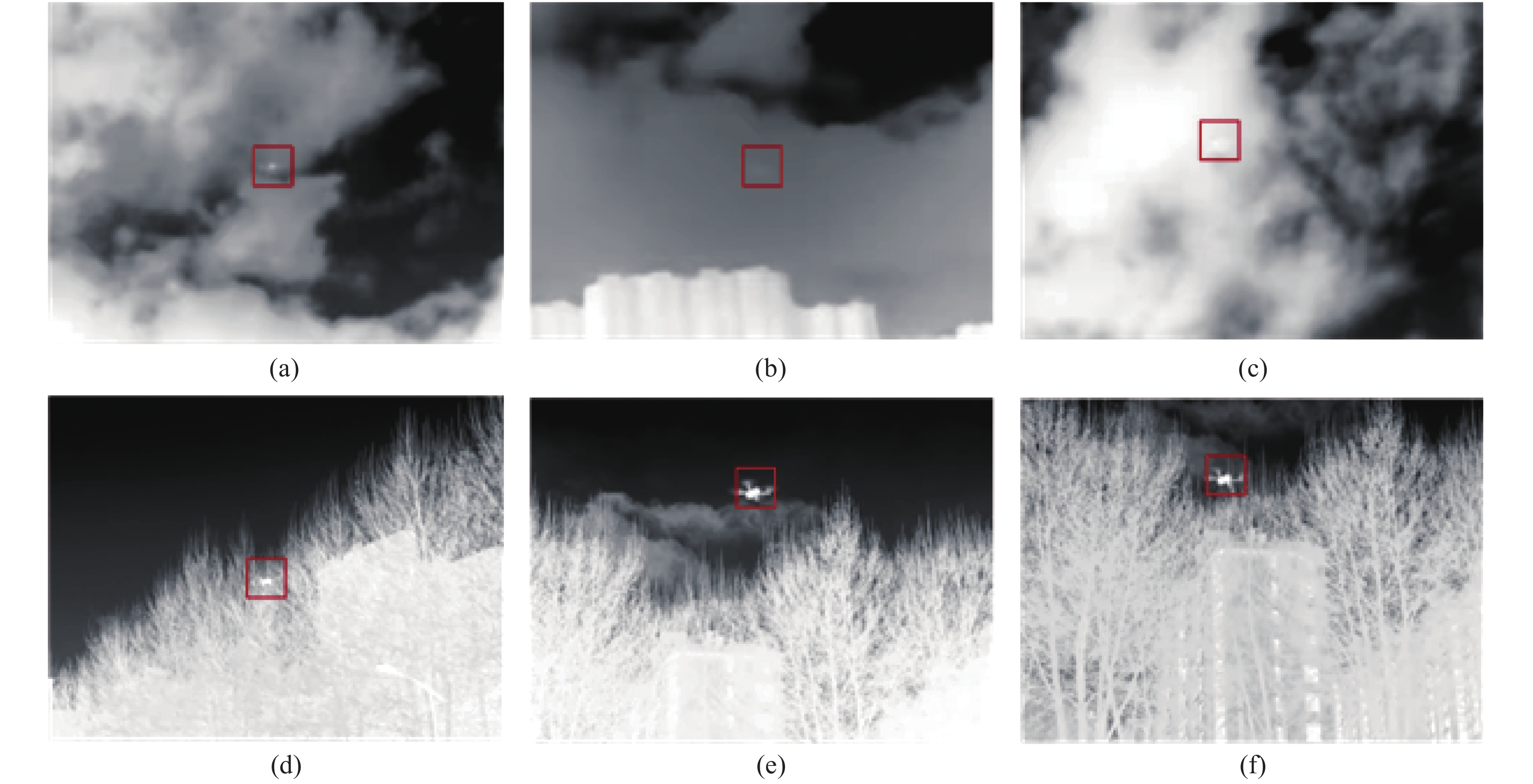 Infrared small target images. (a)-(c) Real scenes of sky background with thick cloud; (d)-(f) Real scenes of sky background with buildings and other complex occluders