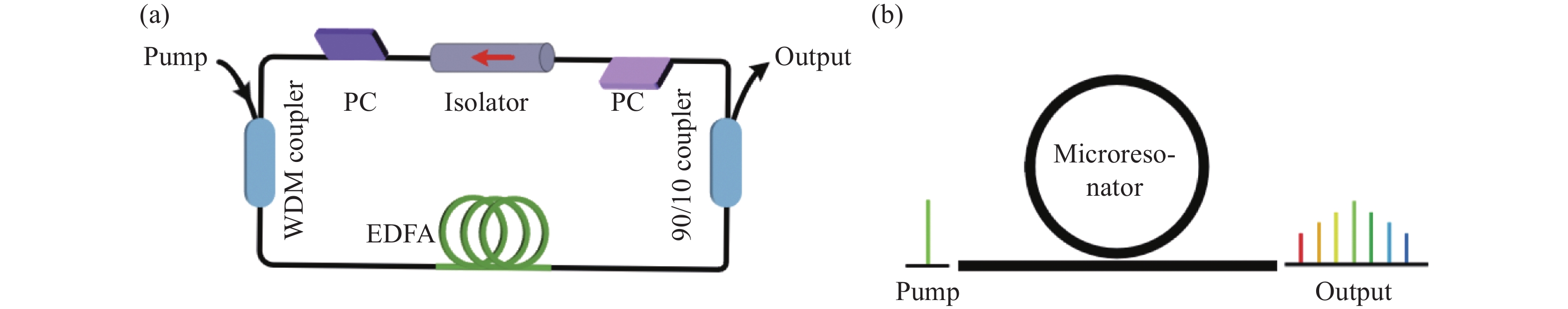 Schematic of optical frequency comb generators. (a) Typical self-starting mode-locked fiber laser; (b) On-chip optical frequency comb generation based on Kerr microresonators