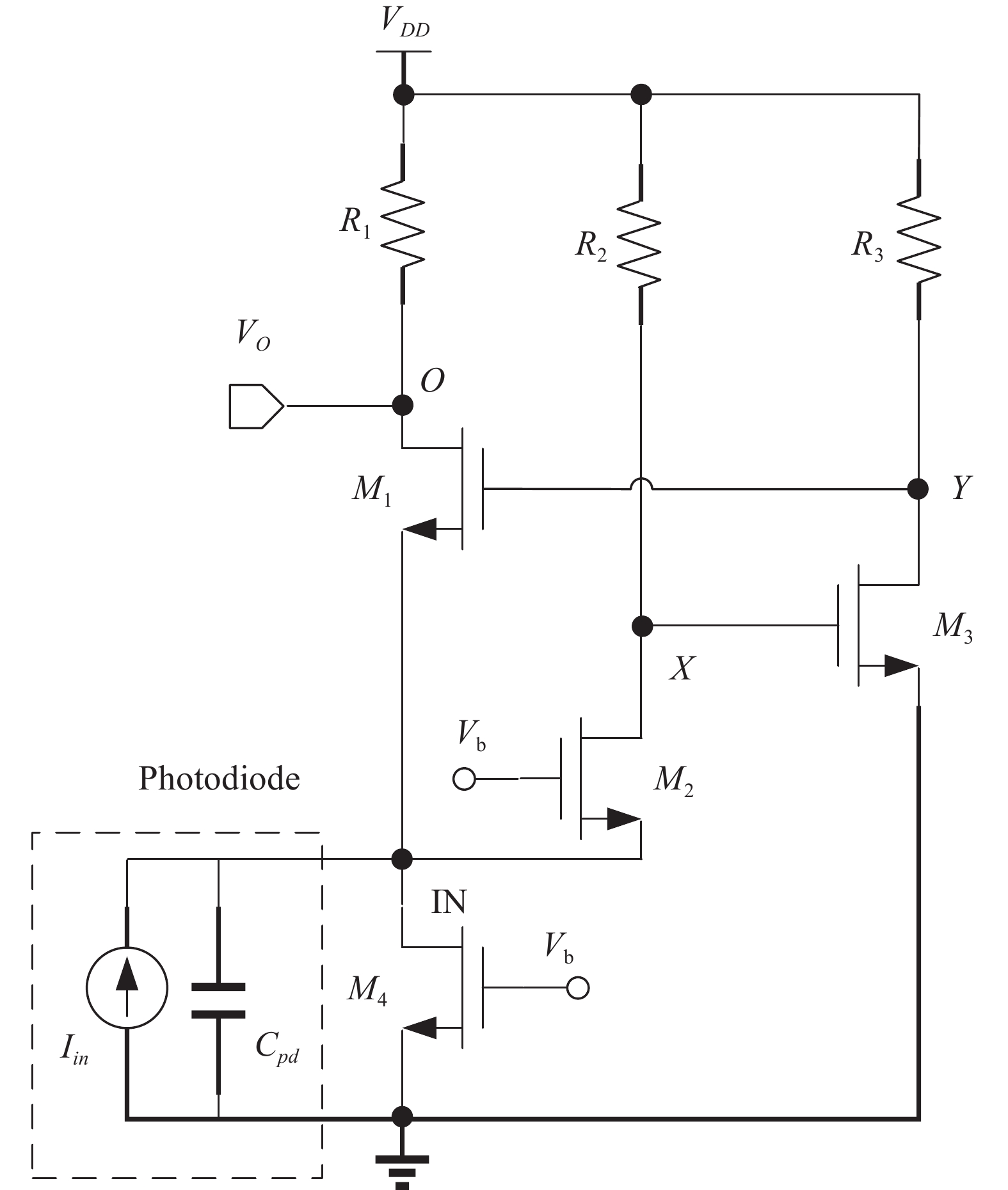 Schematic diagram of FCG transimpedance amplifier circuit