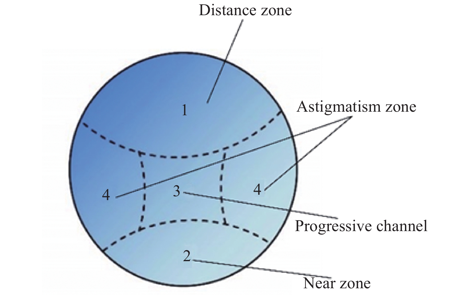 Schematic diagram of areas of progressive addition lenses (PALs)
