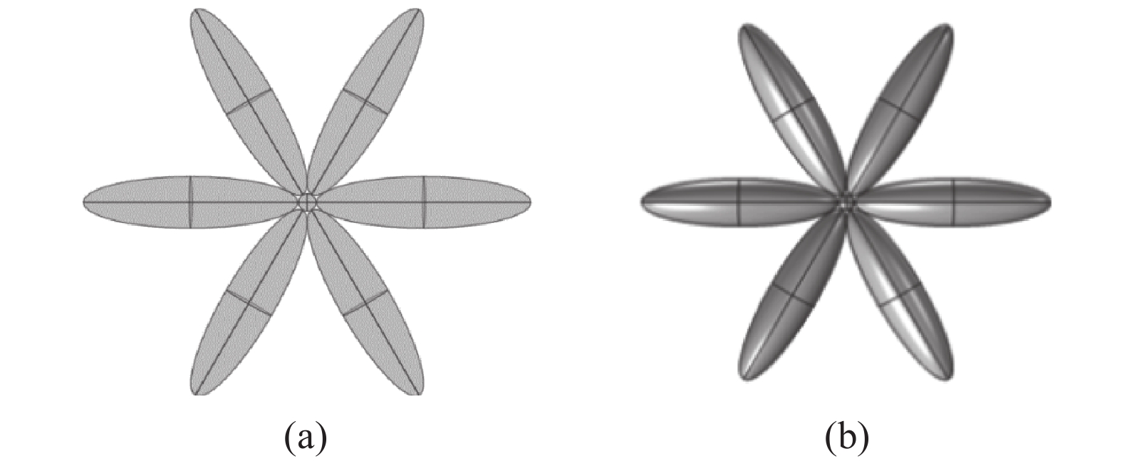 (a) Two-dimensional rice flower configuration; (b) Three-dimensional rice flower configuration