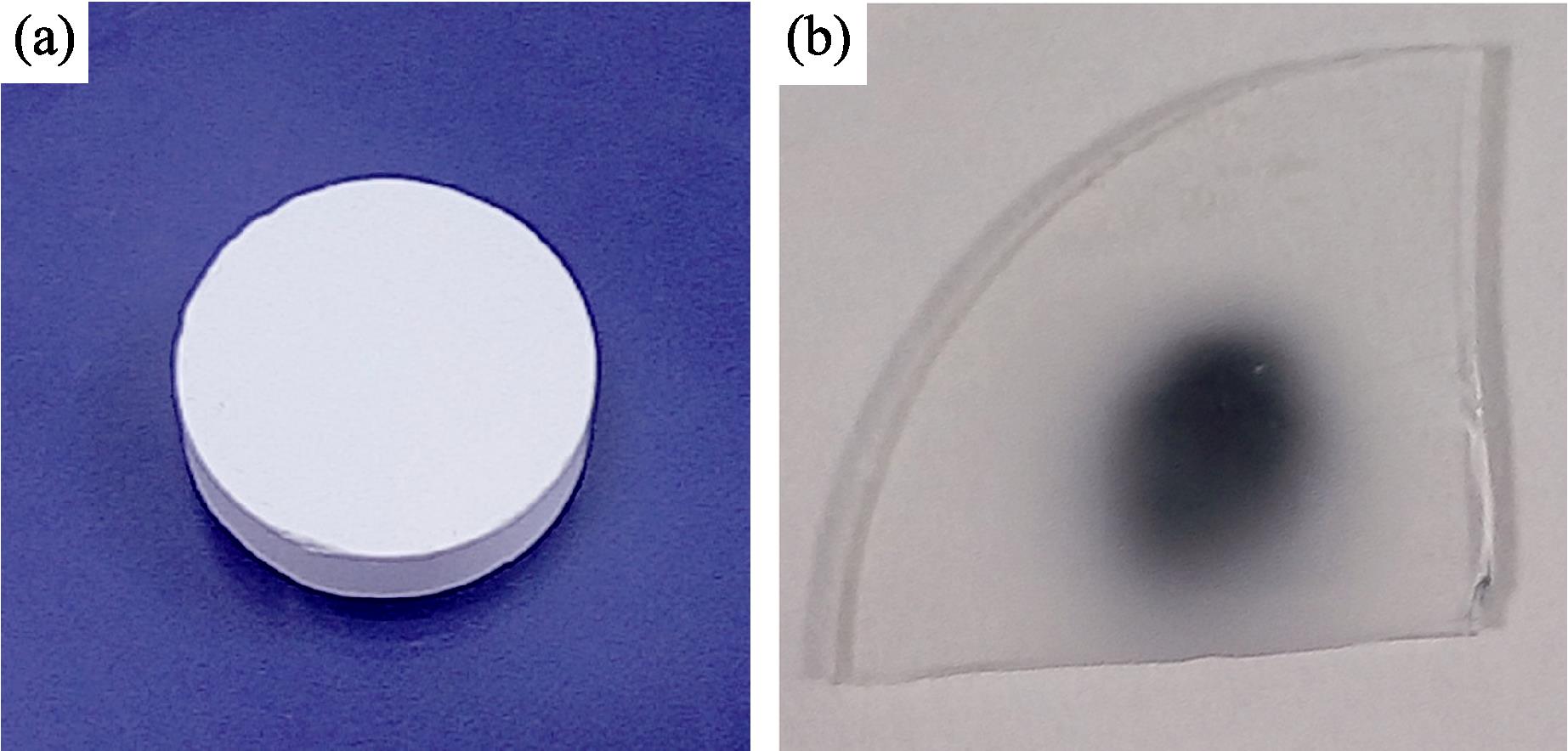 Macroscopical photographs of tableting target and deposition coating after laser sputtering