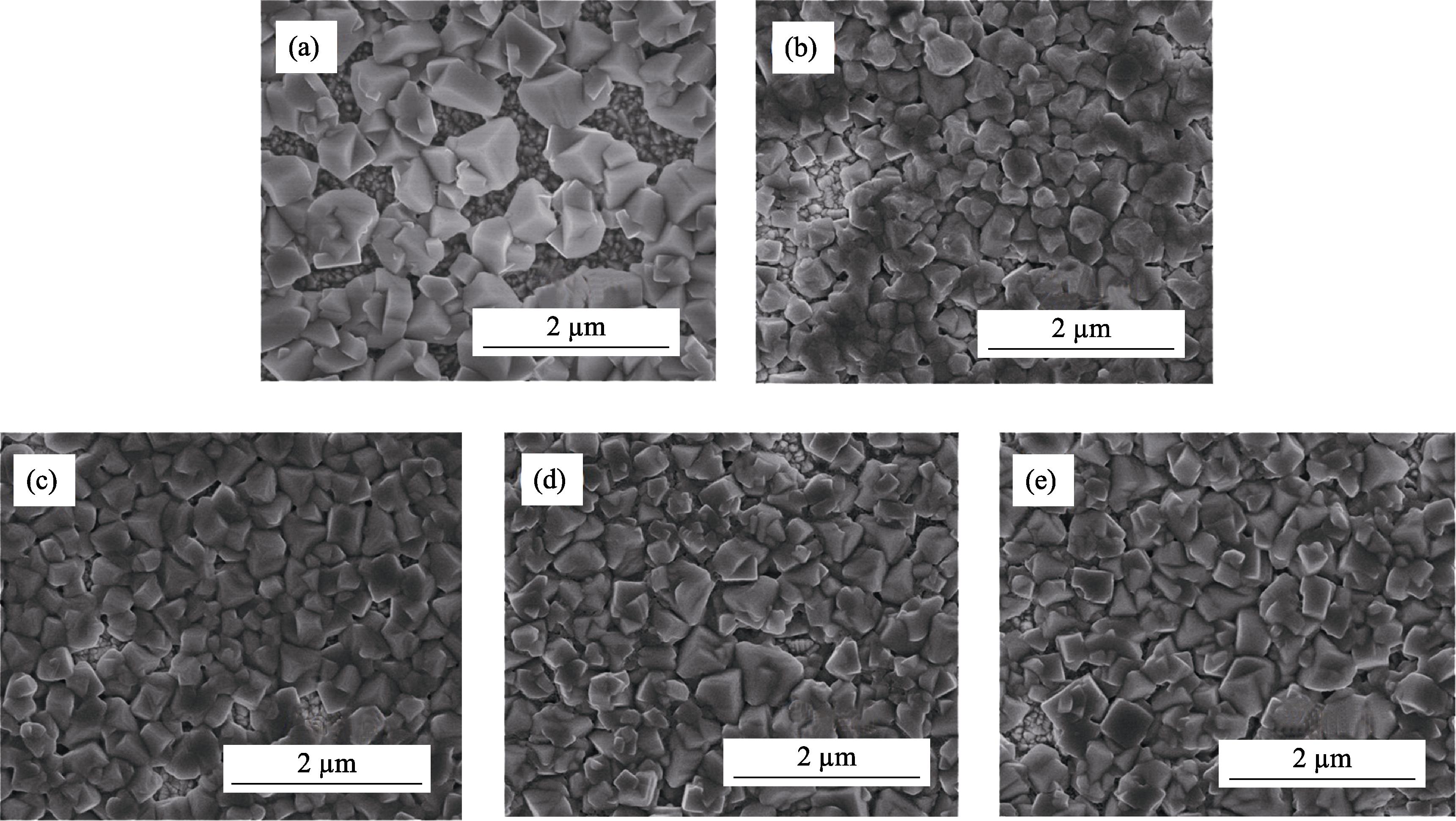 Surface SEM images of perovskite films with various concentration of PVP (a) Without PVP; (b) 0.2wt% PVP; (c) 0.4wt% PVP; (d) 0.6wt% PVP; (e) 0.8wt% PVP