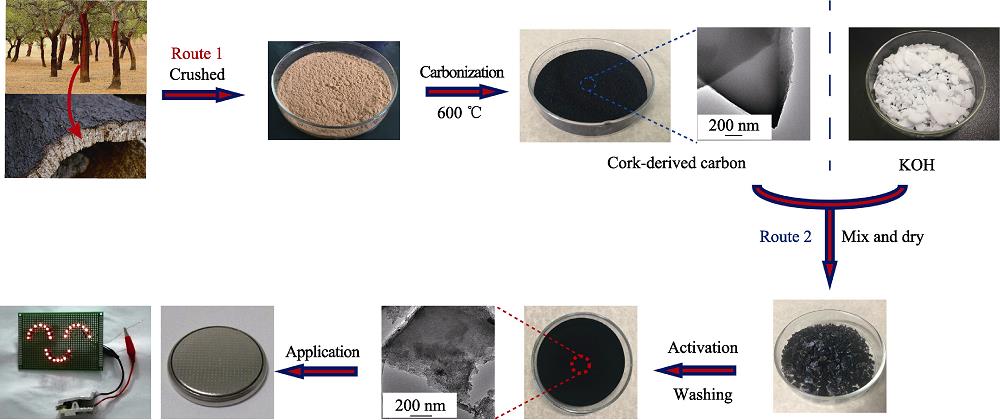 Schematic illustration of the preparation process for cork-derived porous activated carbon sheets and application of supercapacitor