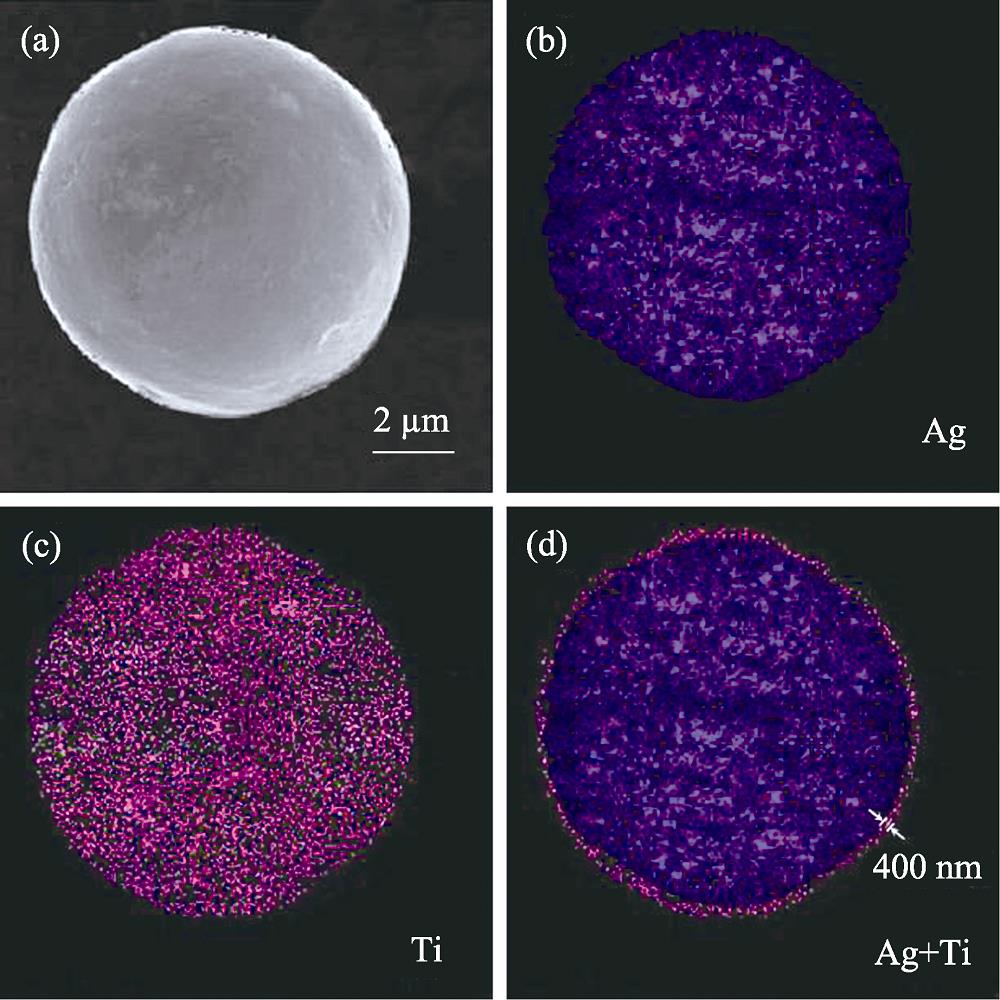 (a) SEM and (b-d) corresponding EDX mapping images of Ag@TiO2 core@shell particles (550 ℃/2 h)