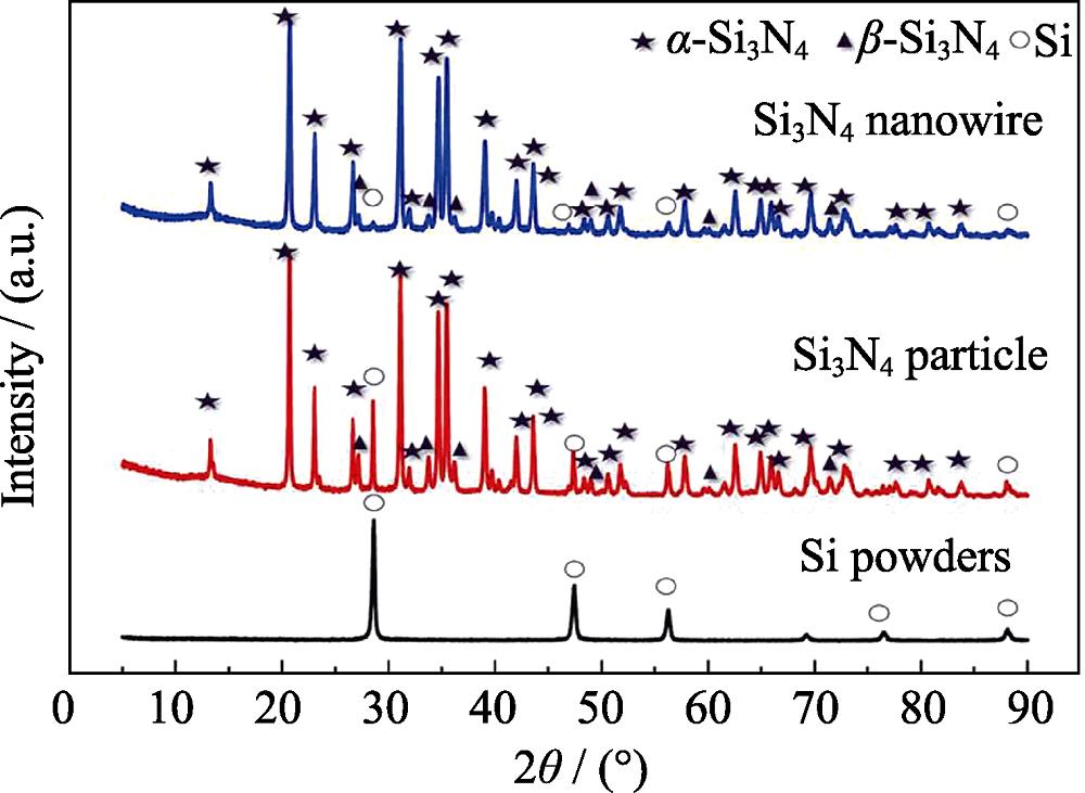 XRD patterns of Si raw materials, Si3N4 powders, Si3N4 nanowires