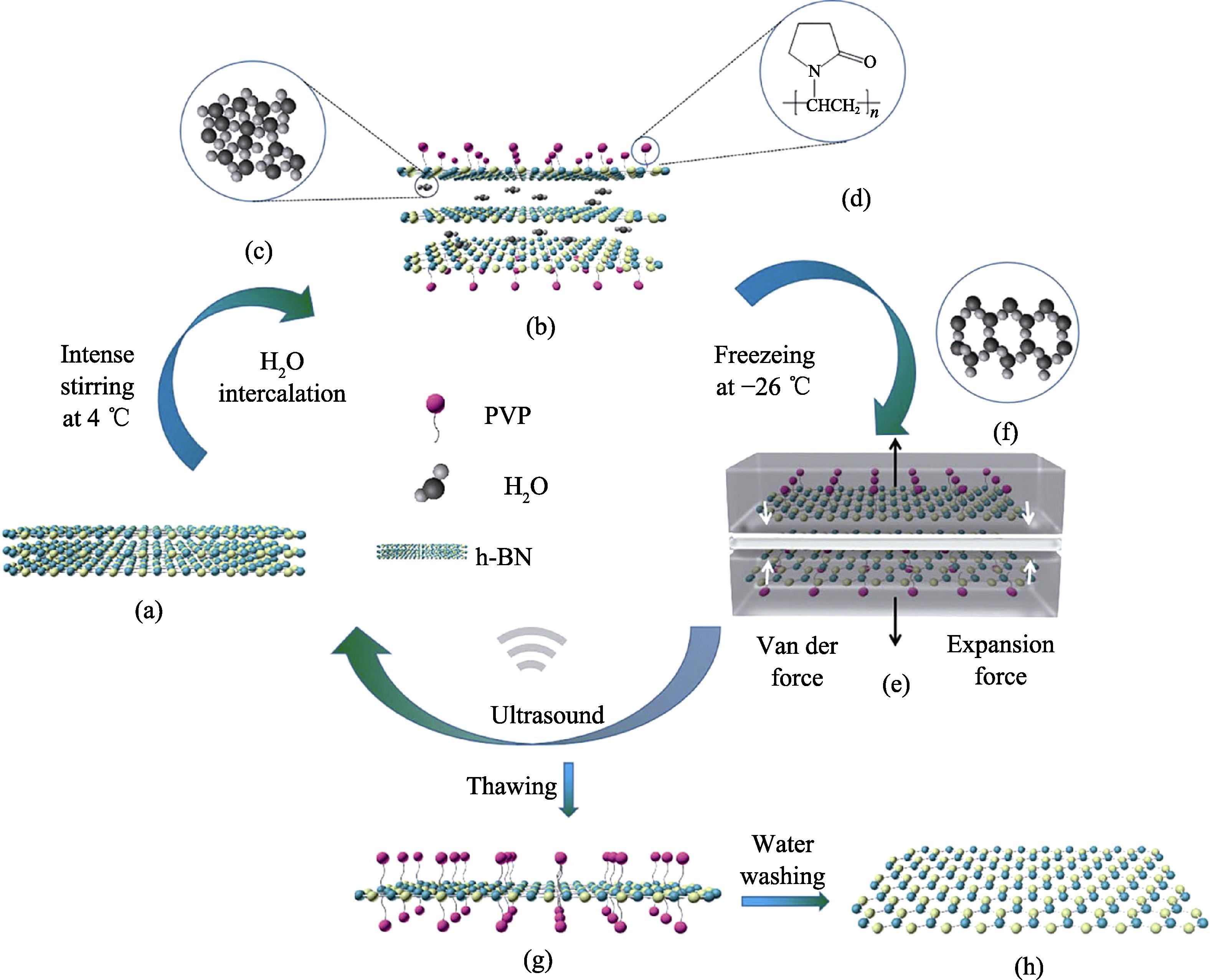 Gentle water freezing-thawing exfoliation of h-BN triggered by freezing expansion force and against reaggregation by PVP coating