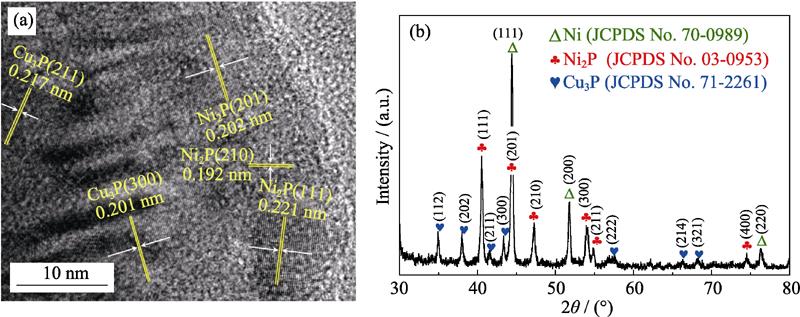 (a) HRTEM image and (b) XRD pattern of NiCuP/NM electrocatalyst