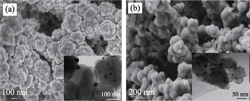 SEM and TEM (insets) images of Pd/PPy/foam Ni (a) and Pd-P/PPy/foam Ni (b) Pd loading: 0.15 mg/cm2, n(Pd) : n(P) = 1 : 3