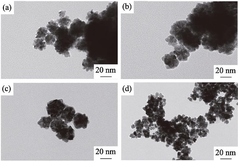 TEM images of Pt-Au DNPs prepared for at (a) 5, (b) 10, (c) 20, and (d) 40 min