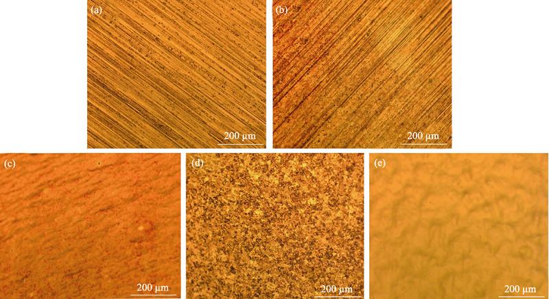 OM images of different copper substrates(a) Untreated copper substrate; (b) Hydrochloric acid etching treatment; (c) Hydrochloric acid etching and electrochemical polishing treatment; (d) Passivation paste etching; (e) Passivation paste etching and electrochemical polishing treatment