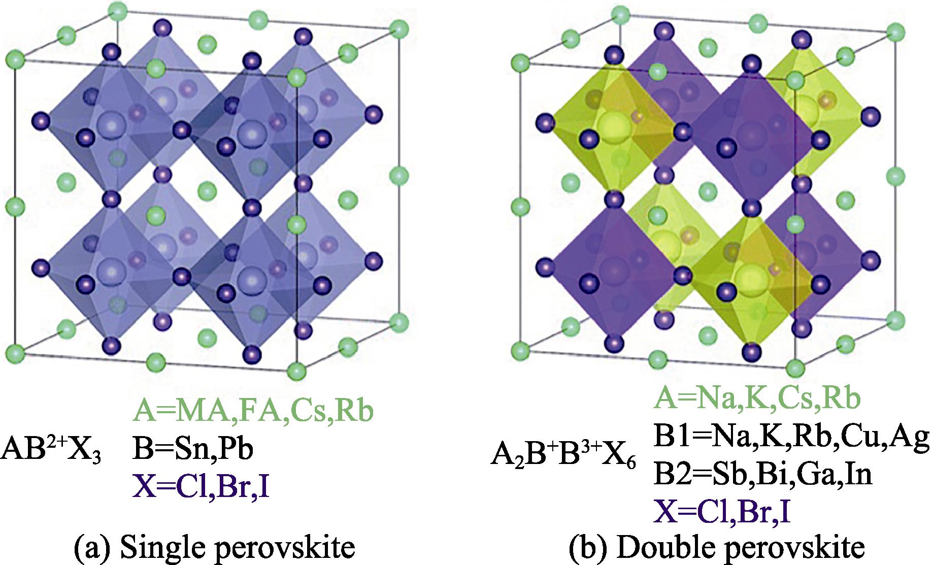Crystal structures of (a) single (AB2+X3) and (b) double (A2B+B3+X6) halide perovskite[5]