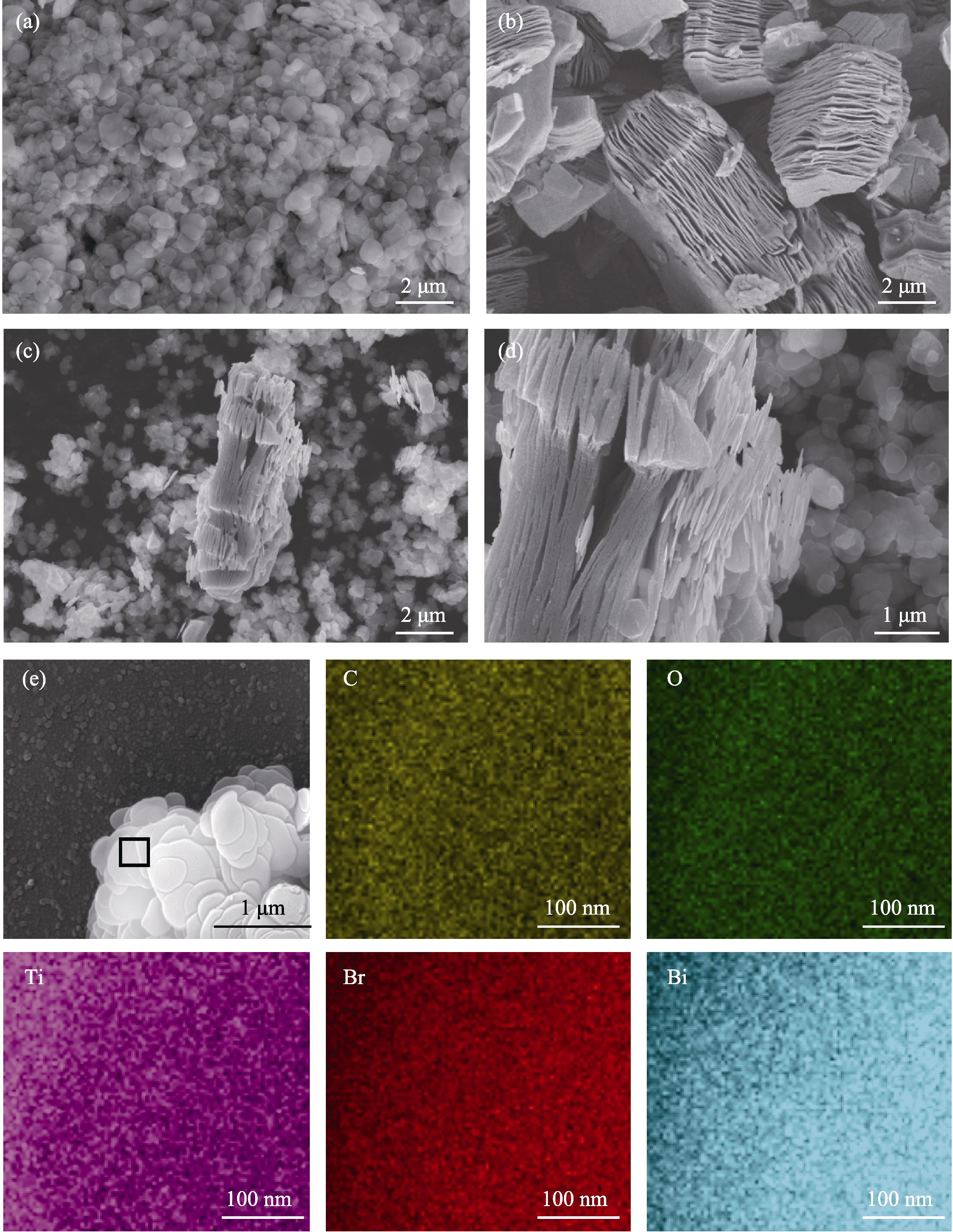 SEM images of BiOBr (a), Ti3C2 (b), BT-20 (c-d) and SEM-EDS elemental mapping of BT-20 (e)