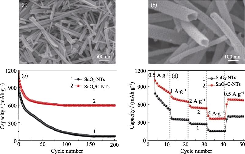 (a, b) SEM images of SnO2/C-NTs; (c) Cycling performance at 500 mA/g, and (d) rate capabilities of SnO2-NTs and SnO2/C-NTs[23]