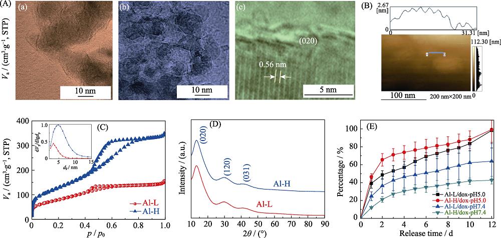 (A) Transmission electron micrograph images of Al-L (a) and Al-H (b, c); (B) Atomic force microscopy image of Al-H; (C) N2 sorption isotherms and pore size distribution curves of the samples; (D) XRD patterns of the samples; (E) The release curves of Dox for the AlOOH NSs