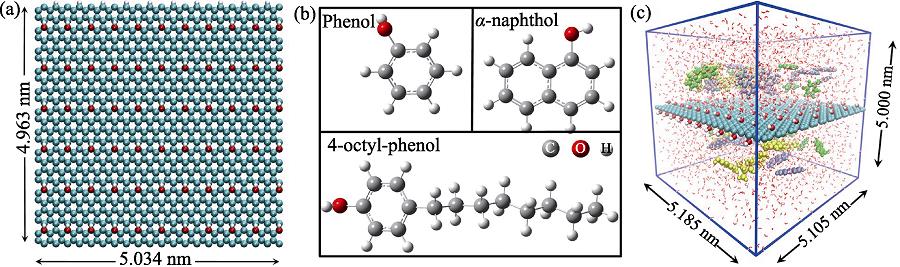 (a) GO model, (b) structures of phenol, α-naphthol and 4-octyl-phenol molecules in MD simulations, and (c) initial configuration of phenol (green), α-naphthol (purple) and 4-octyl-phenol (yellow) molecules in the competitive system