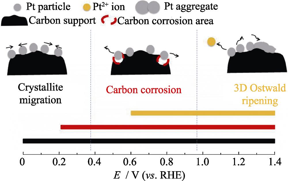 Degradation schematic diagram of Pt nanoparticles on carbon black[21]