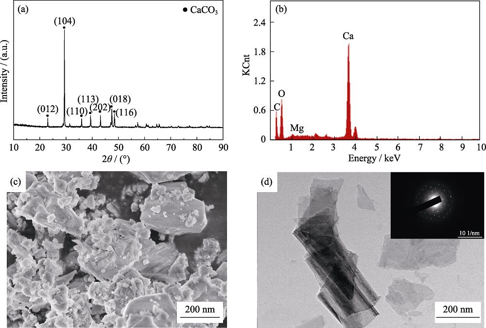 (a) XRD pattern, (b) EDS analysis, (c) SEM micrograph and (d) TEM image and SAED pattern of the powders prepared by heating and washing the oyster shell