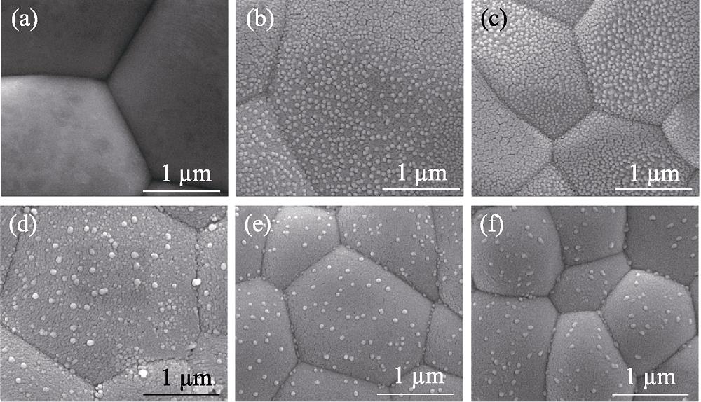 Surface morphologies of (a) SFNM ceramic pellets before reduction and (b-f) LaxSFNM ceramic pellets after reduction in humidified 10vol% H2/N2 (3vol% H2O) at 750 ℃ for 4 h