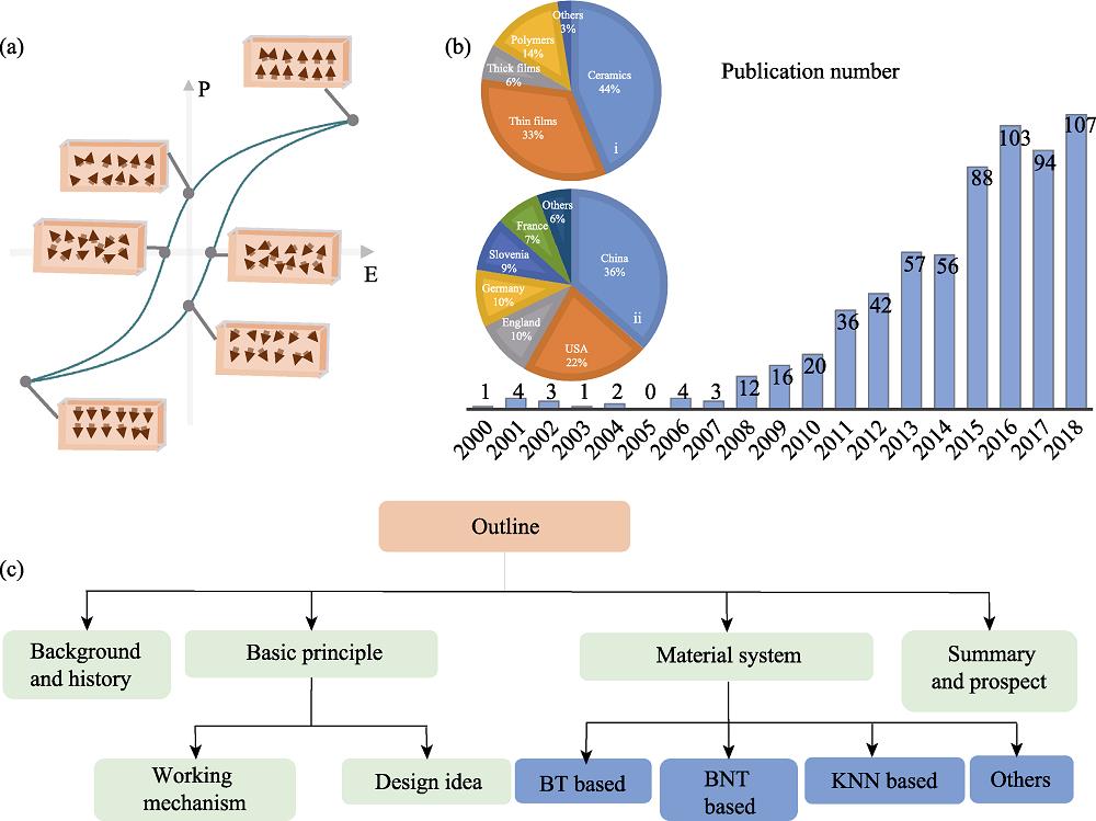 The influence of changing electric field to polarization states of a ferroelectric (a), publication numbers on Web of Science database from 2000 to 2018 (b) and structure of the review (c)