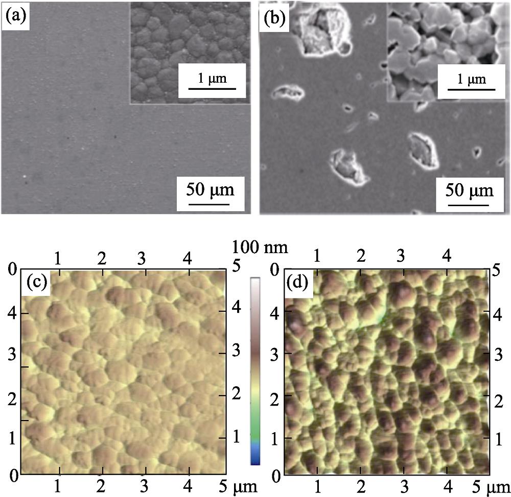 SEM images of zirconia microstructure (a) without and (b) with LTD, and AFM images of zirconia (c) without and (d) with LTD[17]