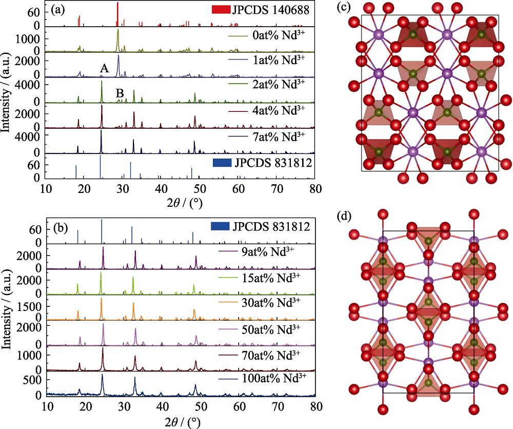 XRD patterns of Nd3+-doped BiVO4 with different contents of Nd3+and monoclinic and tetragonal standard patterns (a, b), supercell configurations of optimized monoclinic (c) and tetragonal (d)