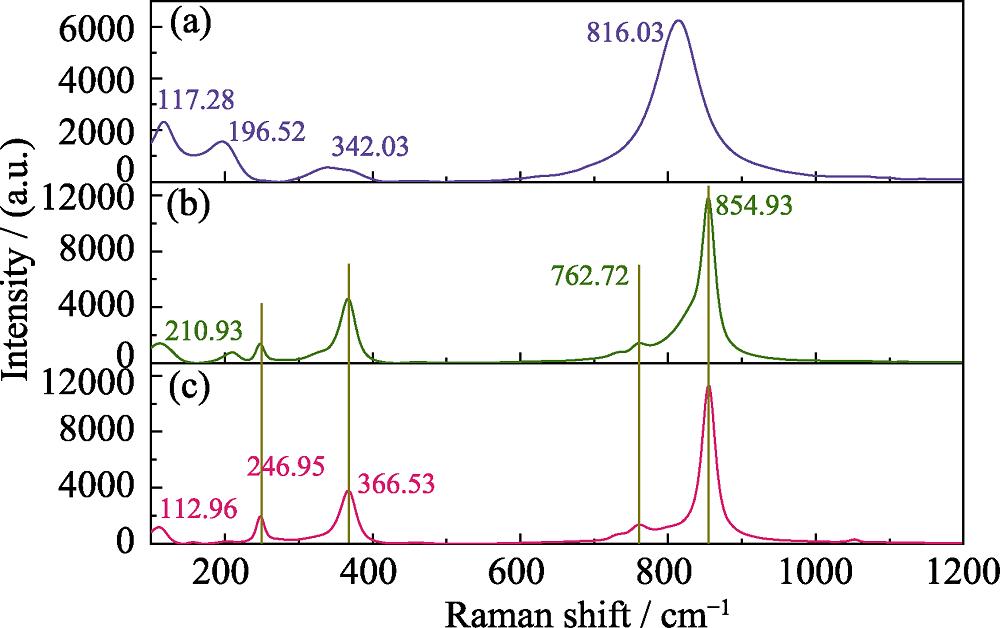 Raman spectra of pure phase (a), 4at% (b), and 9at% (c) Nd3+-doped BiVO4