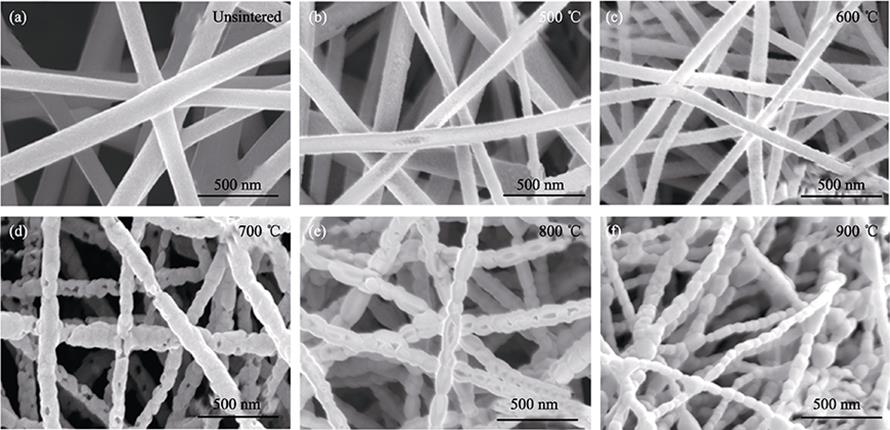 SEM images of precursor fiber (unsintered) (a) and CoFe2O4 nanofibers calcined at different temperatures (b-f)