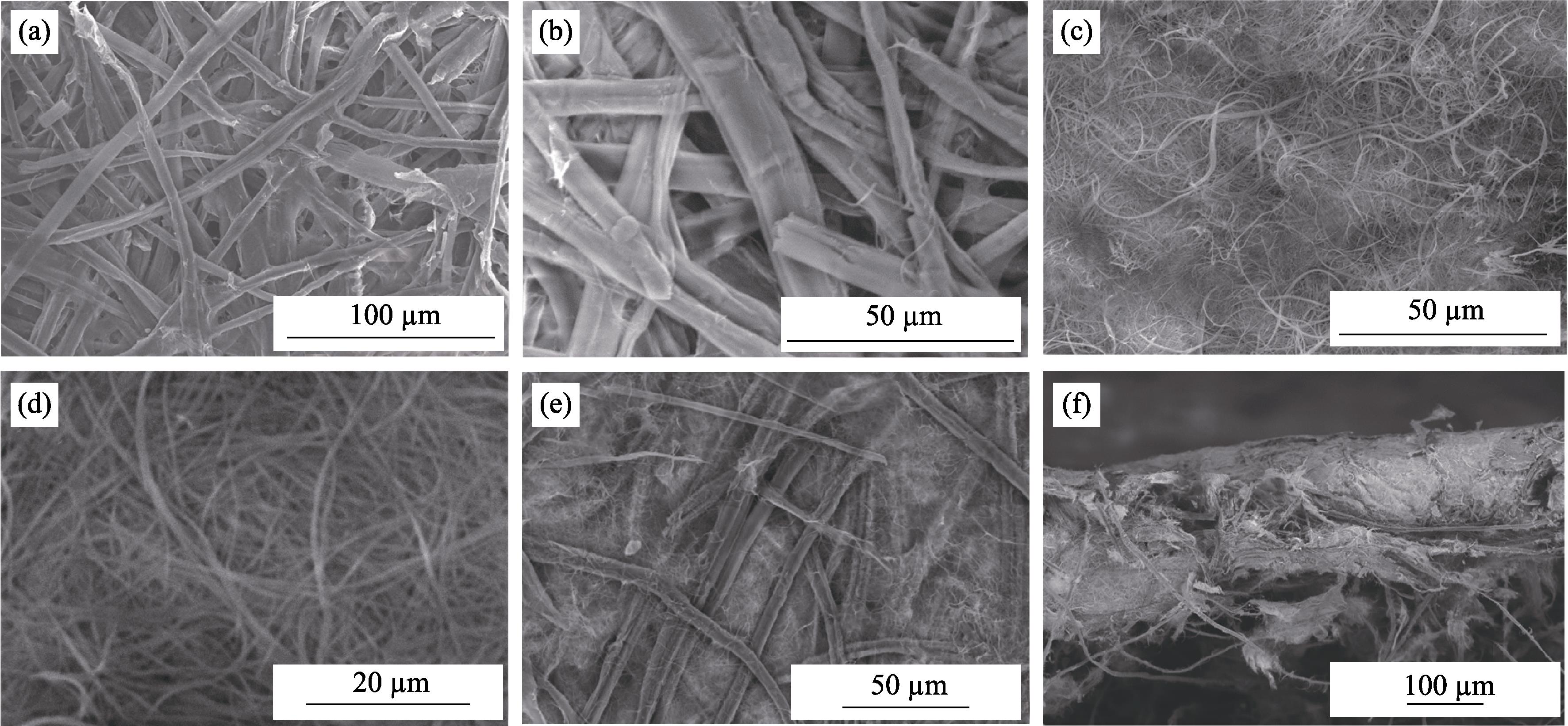 SEM images of (a, b) the commercial unprocessed Xuan paper, (c, d) ultralong HAP nanowires, (e, f) the as-prepared new type of nanocomposite “Xuan paper” based on ultralong HAP nanowires and cellulose fibers with HAP weight ratio of 25%
