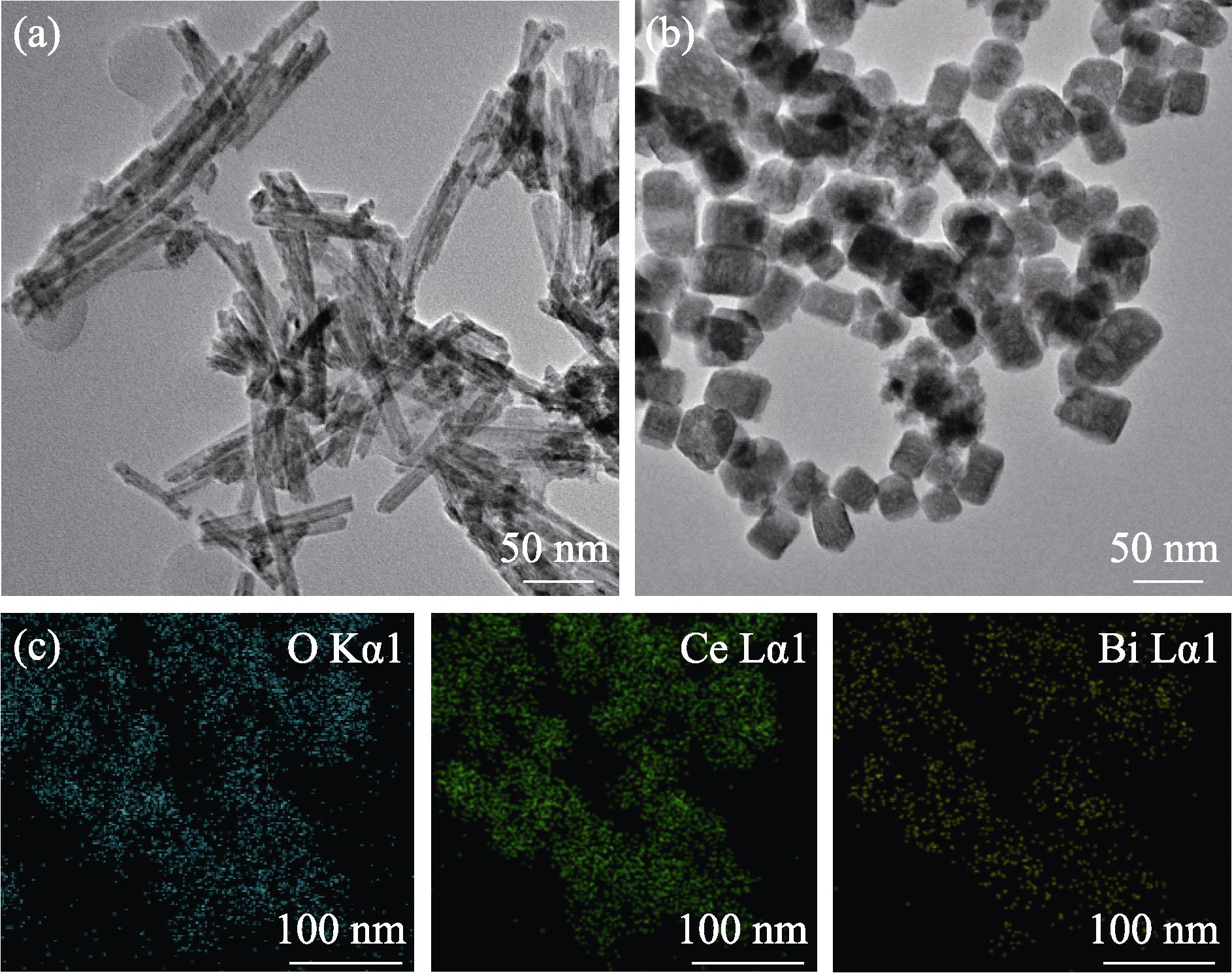 TEM images of (a) CeO2 and (b) Ce0.6Bi0.4O2-δ, (c) EDX elemental mapping images of Ce0.6Bi0.4O2-δ