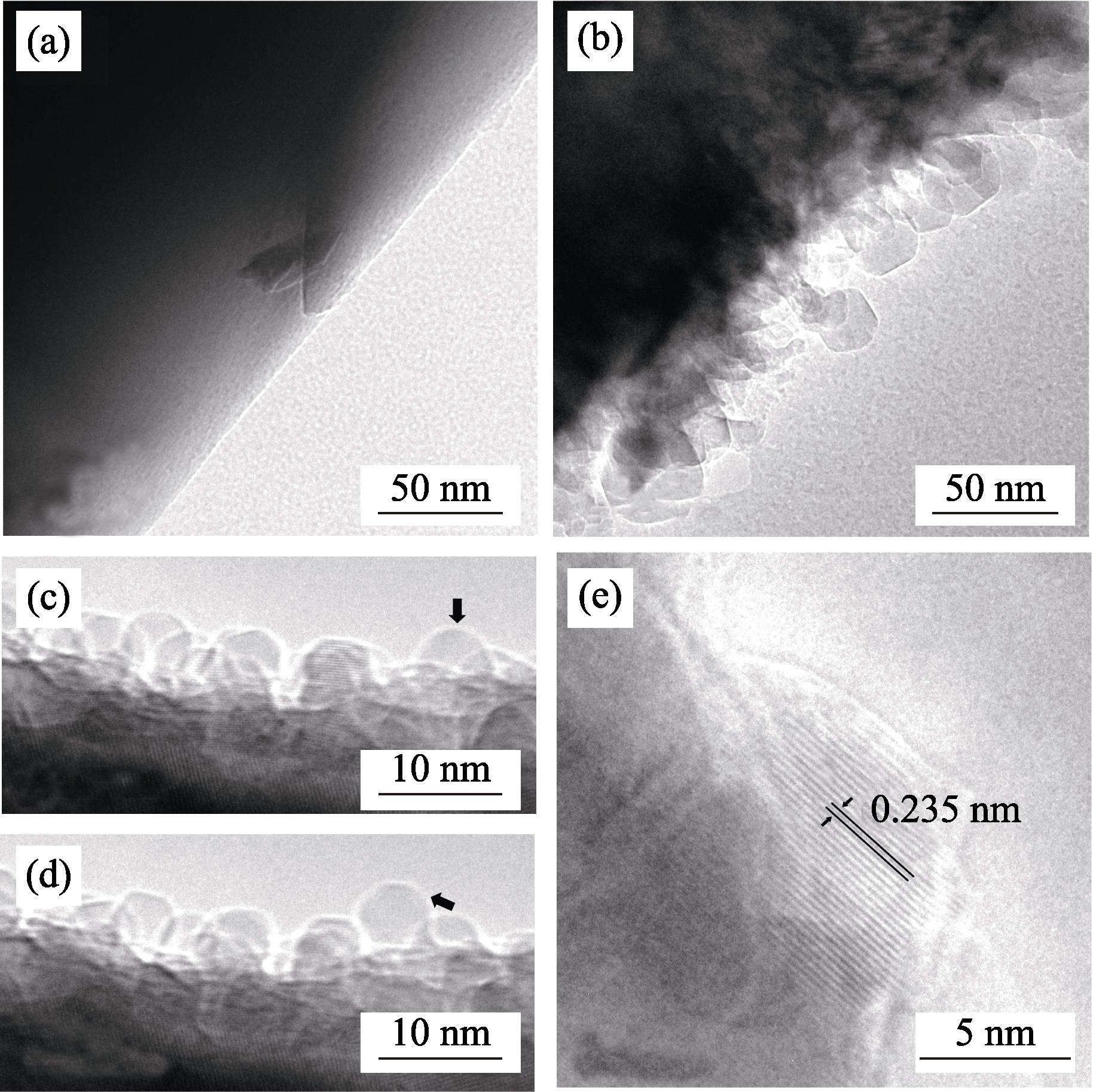 TEM observations of a grain surface of 0.1wt% AlF3 doped sample (a) Original surface before high magnification observation; (b) Surface after high magnification observation, where sphere precipitates separated out; (c-d) Black arrow shows the growing of a new precipitate under irradiation; (e) Lattice fringes of a precipitated crystal