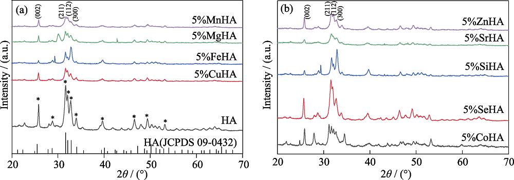 XRD patterns from 2θ=20° to 70° of hydroxyapatite samples with 5% doping amount