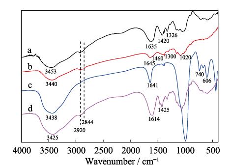 FT-IR spectra of CMC (a), CS (b), Zeolite P (c) and CS/CMC/Zeolite P (d)