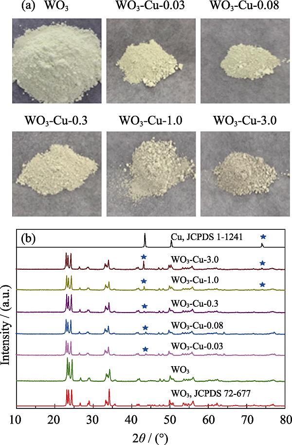 (a) Photographs and (b) XRD-patterns of WO3-Cu samples