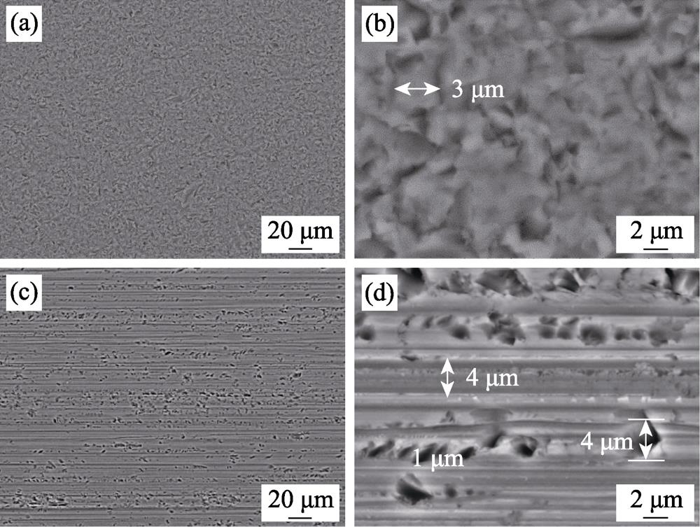 SEM images of (a, b) MWSS cut and (c, d) DWS cut multicrystalline silicon wafer surface