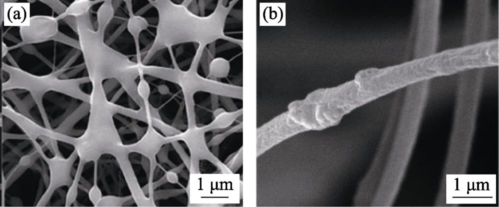 SEM images of PI-ZIF-8 (a)[16] and PAN/MOF-808 (b) NFMs[17]