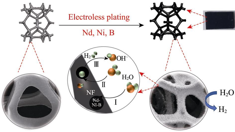 Schematic illustration for fabrication procedure of Nd-Ni-B/NF electrocatalysts